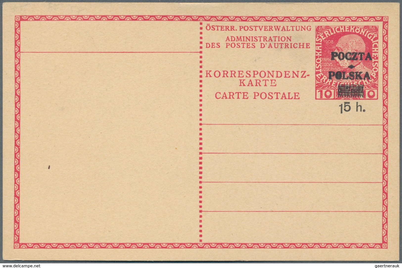 Polen - Ganzsachen: 1919 Unused Postal Stationery Card, Original Card Of Austria P 217 With Overprin - Ganzsachen