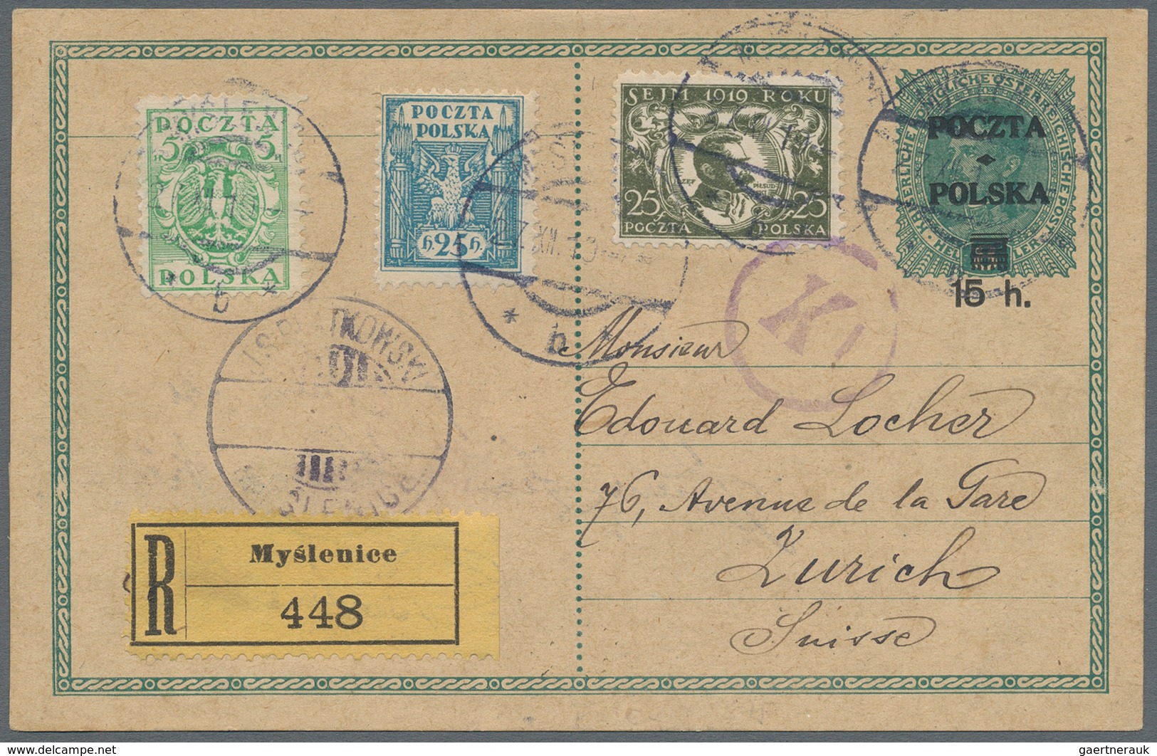 Polen - Ganzsachen: 1920 Uprated Postal Stationery Card Sent By Registered Mail From Myslenice To Zu - Ganzsachen