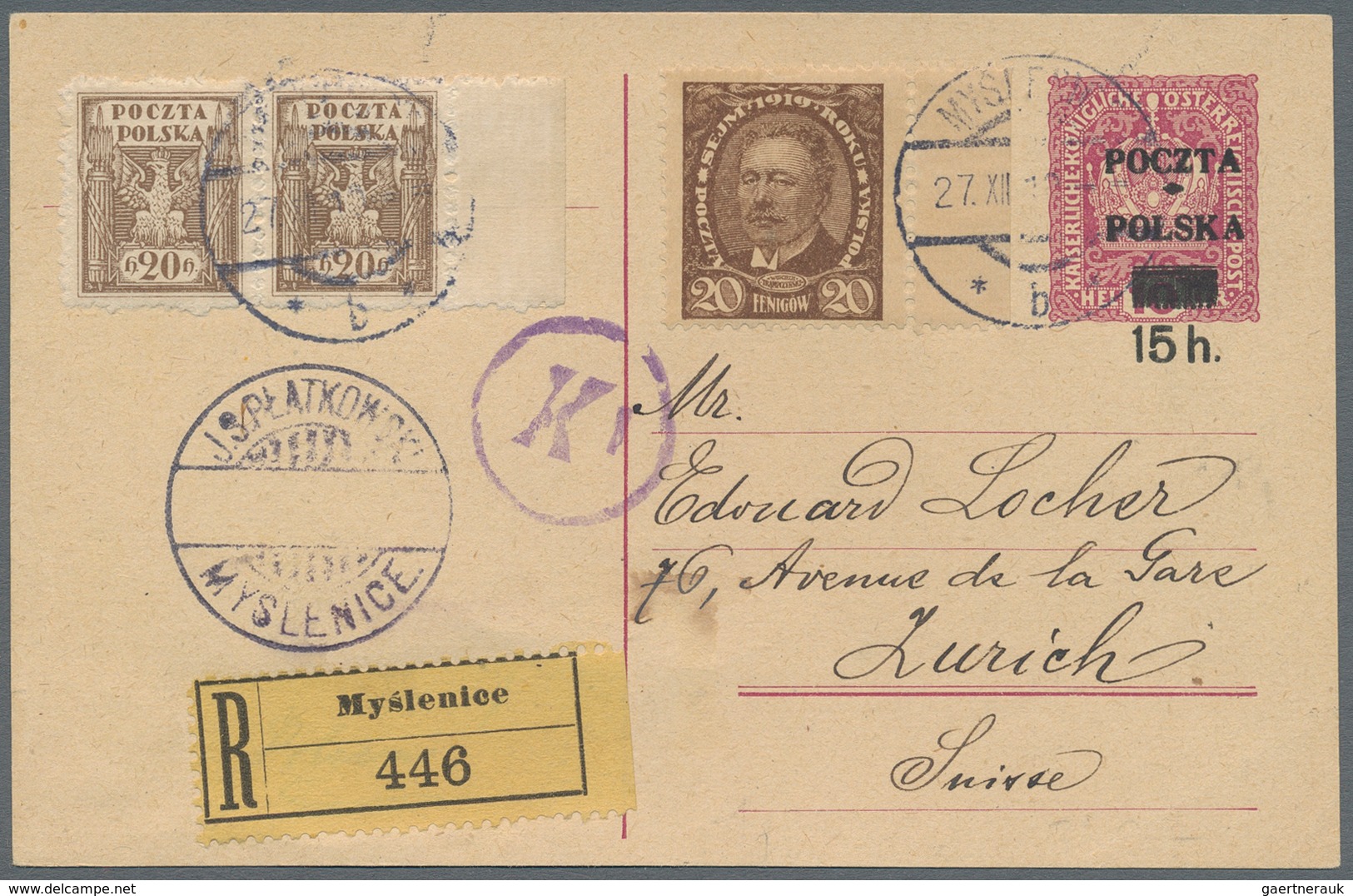 Polen - Ganzsachen: 1919 Uprated Postal Stationery Card Sent By Registered Mail From Myslenice To Zu - Entiers Postaux