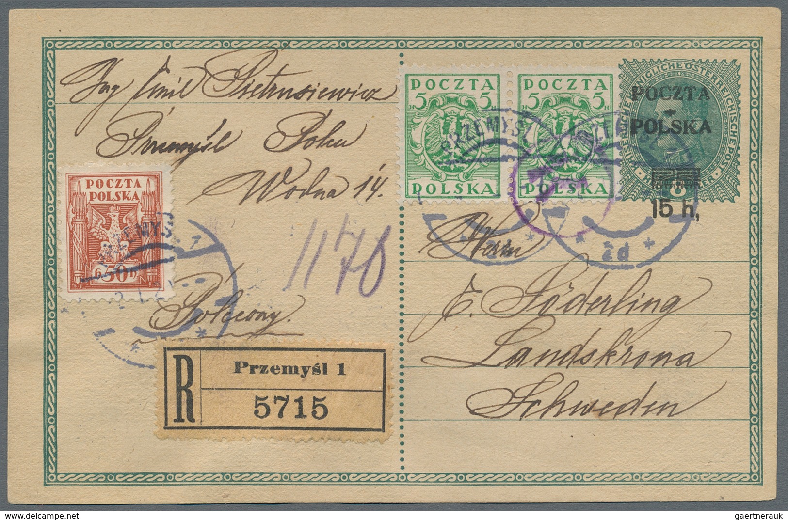 Polen - Ganzsachen: 1920 Uprated Postal Stationery Card Sent By Registered Mail From Przemysl To Lan - Ganzsachen