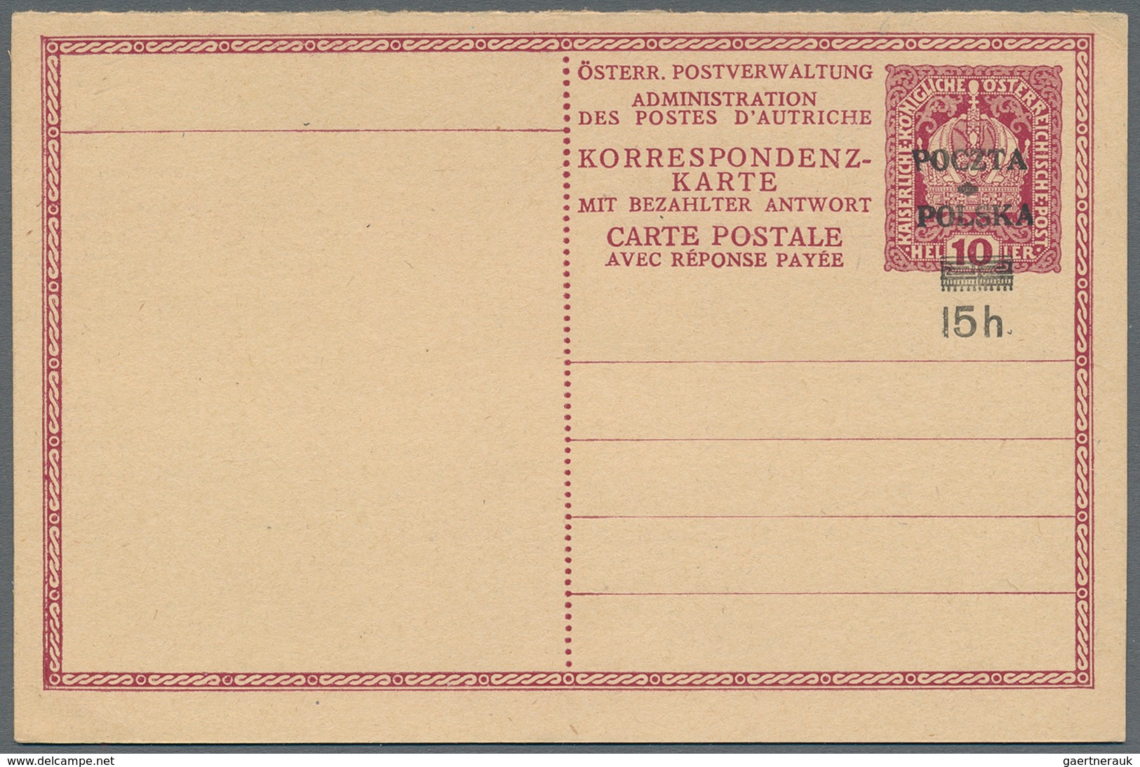 Polen - Ganzsachen: 1919 Unused And Revalued Postal Stationery Card, Original Card From Austria P 23 - Stamped Stationery