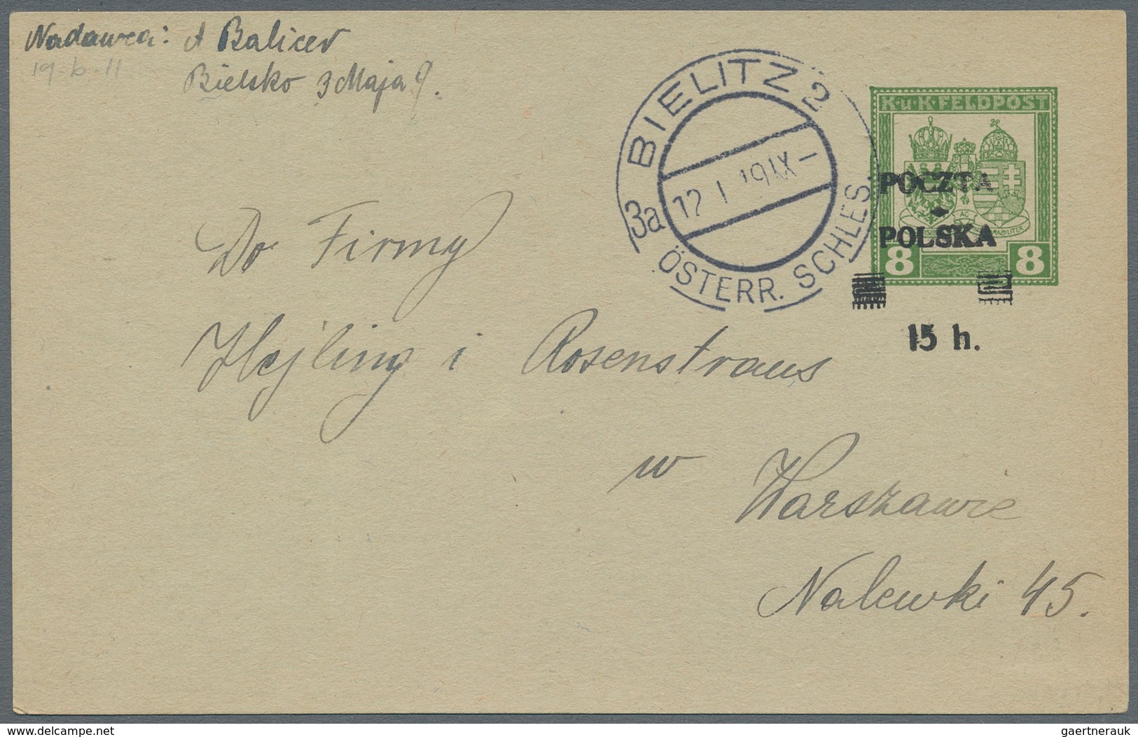 Polen - Ganzsachen: 1919 Commercially Used And Revalued Postal Stationery Card, Original Card From A - Entiers Postaux