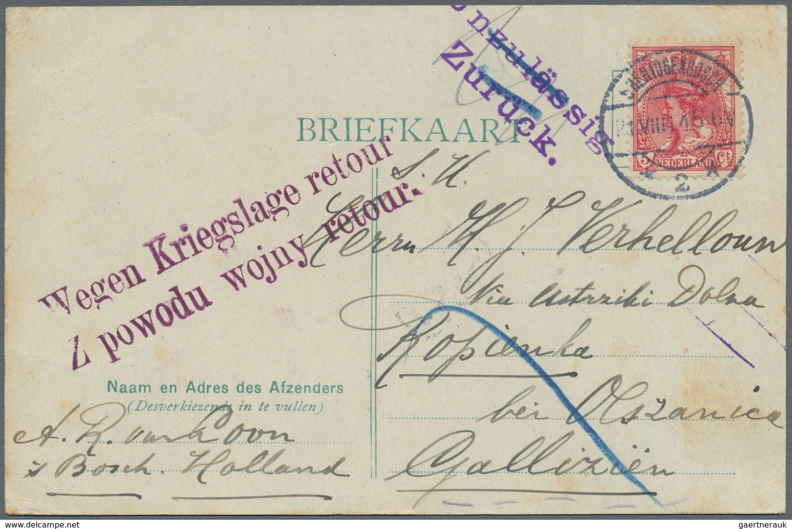 Polen - Besonderheiten: 1914, Postcard From "HERTOGENBOSCH 21.VIII 14" (Holland) To Ropienka/Austria - Autres & Non Classés