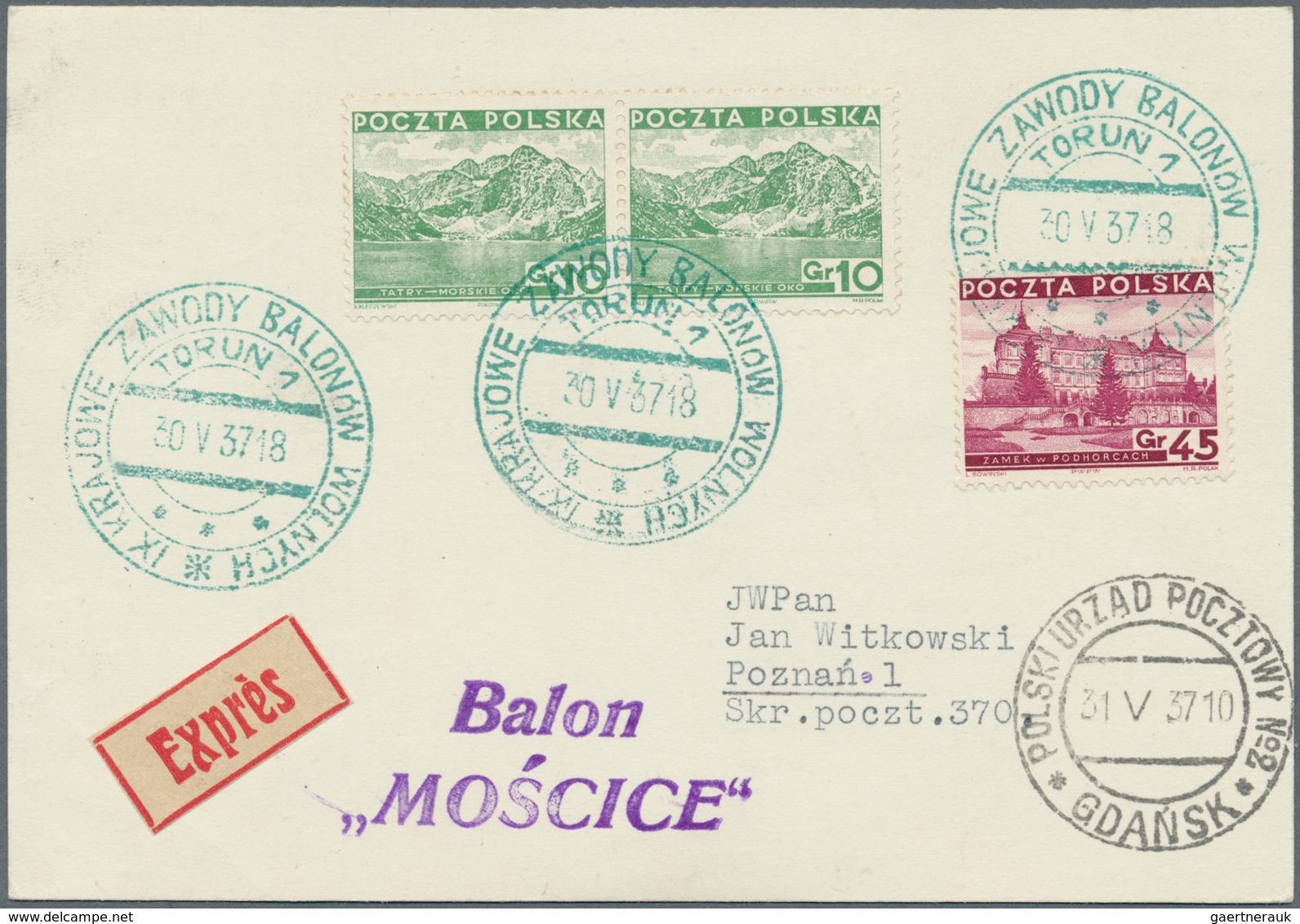 Polen - Besonderheiten: 1937, 30.V., Poland, Balloon "Mościce", Card With GREEN Postmark And Arrival - Autres & Non Classés