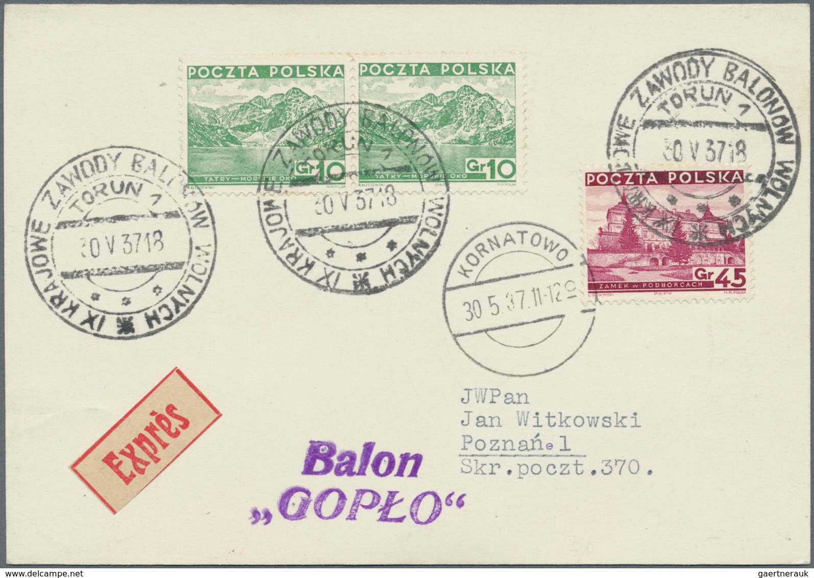 Polen - Besonderheiten: 1937, 30.V., Poland, Balloon "Gopło", Card With Black Postmark And Arrival M - Autres & Non Classés