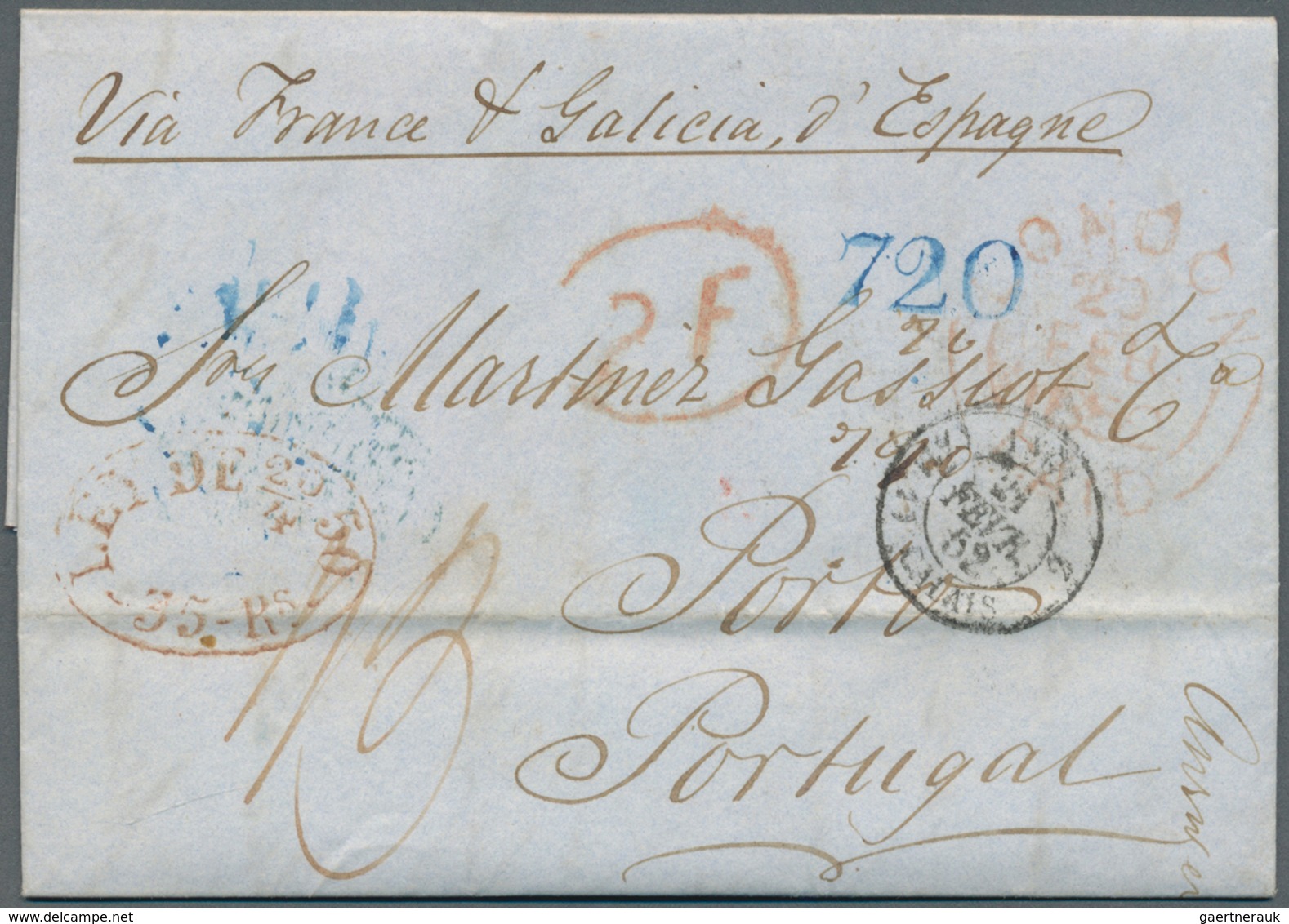 Portugal: 1852. Stamp-less Envelope Addressed To Porto Cancelled By London/Paid In Red '20th Feb 52' - Sonstige & Ohne Zuordnung