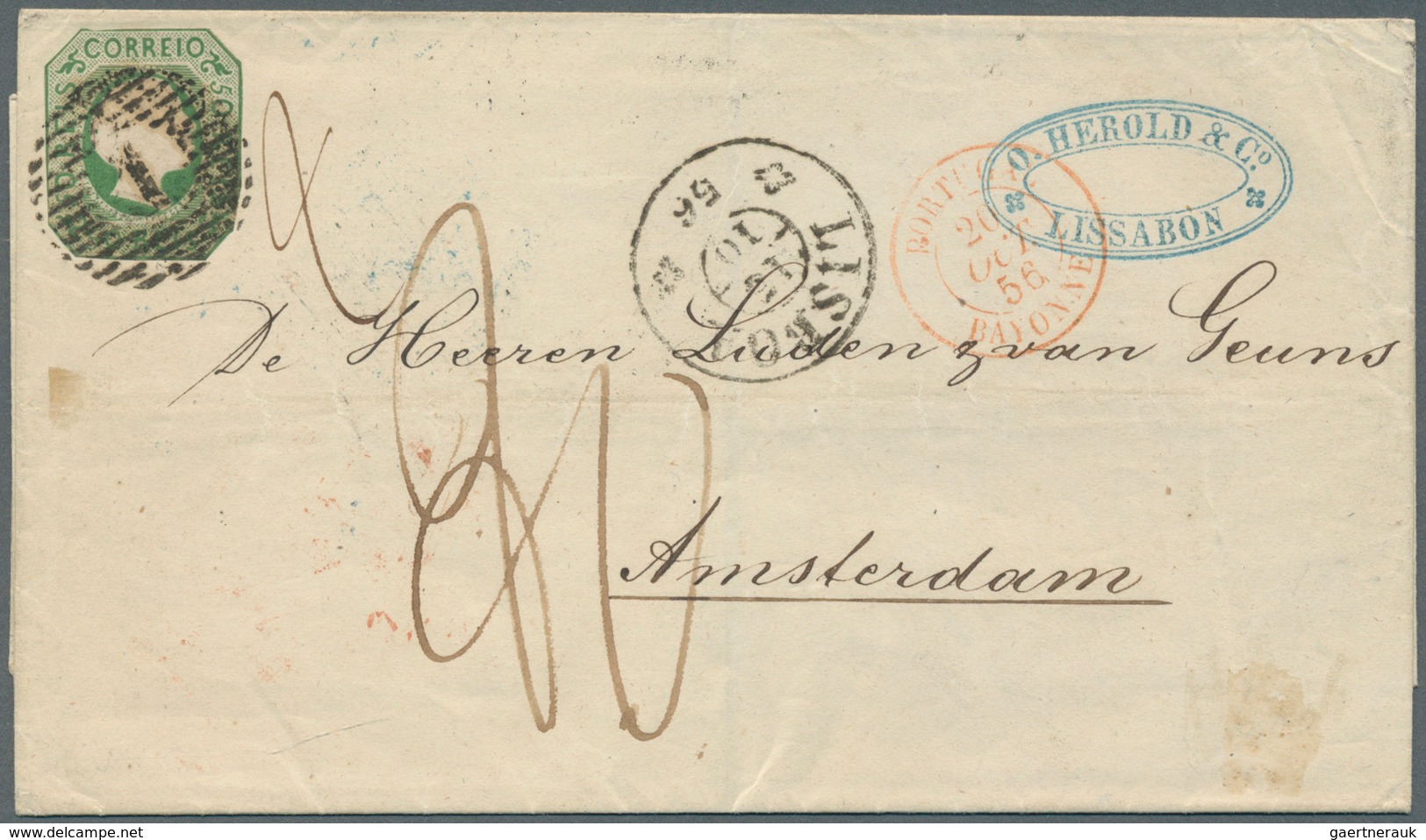 Portugal: 1856, Folded Letter Franked With 50 Reis Pedro V. Cut Octogonal With Numeral "1" From LISB - Autres & Non Classés