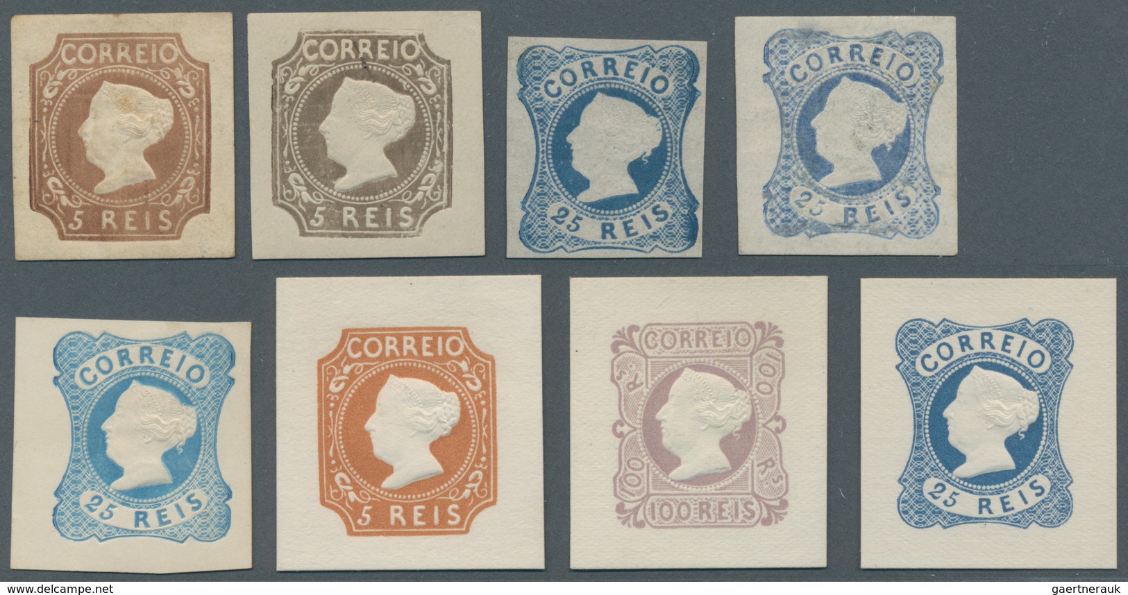 Portugal: 1864/1953 (ca.), Five Early Reprints Of The Queen Maria Issues Unused Hinged, Three Of 195 - Autres & Non Classés