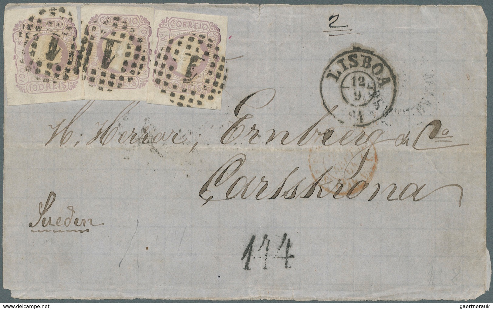Portugal: 1864. Cover Front (light Vertical Crease) Addressed To Sweden Bearing King Pedro V' SG 15, - Autres & Non Classés