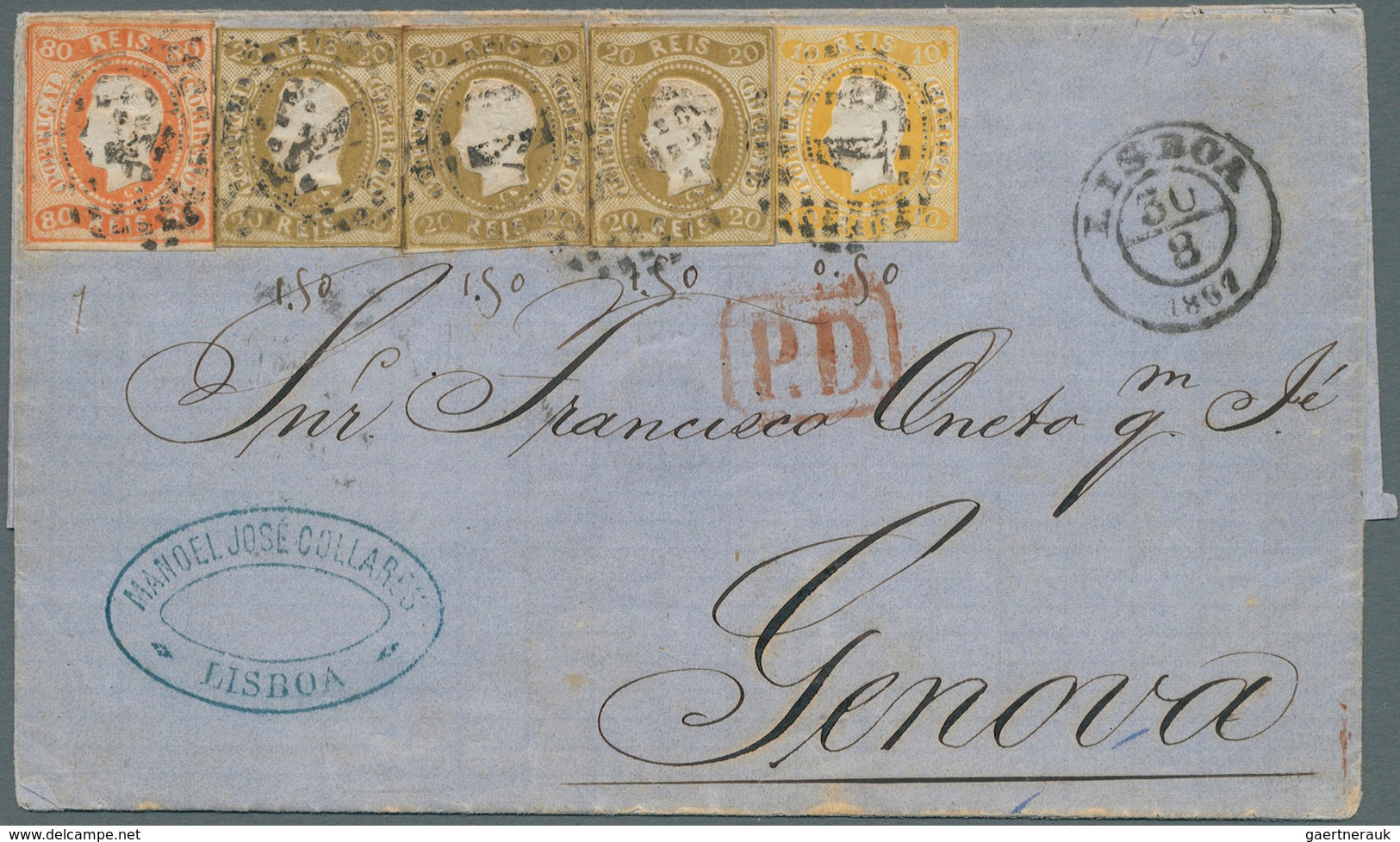 Portugal: 1867. Envelope Addressed To Italy Bearing SG 36, 10r Yellow, SG 38, 20r Bistre (3) And SG4 - Autres & Non Classés