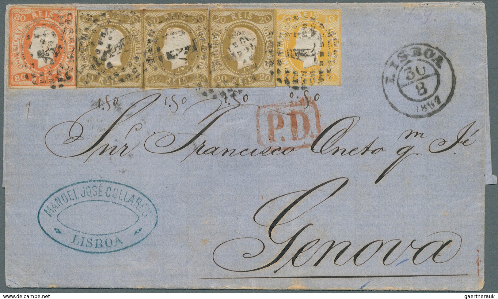 Portugal: 1867. Envelope Addressed To Italy Bearing SG 36, 10r Yellow, SG 38, 20r Bistre (3) And SG4 - Sonstige & Ohne Zuordnung