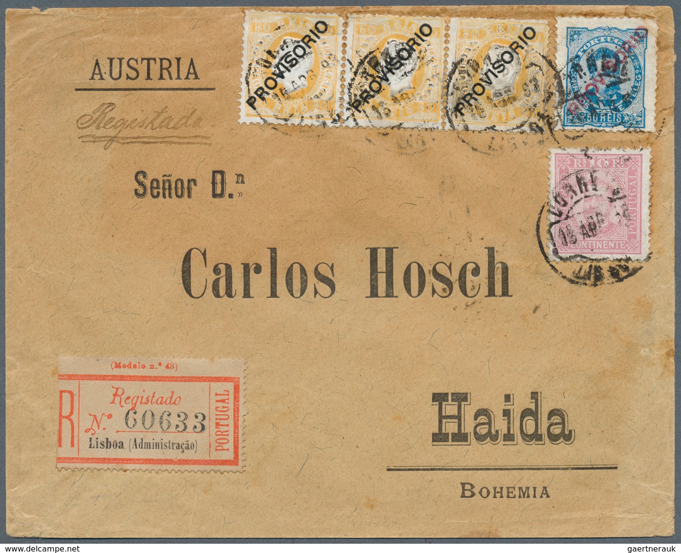 Portugal: 1893 (15.4.), Registered Cover Bearing King Luis 80r. Yellow Horiz. Strip Of Three + King - Autres & Non Classés