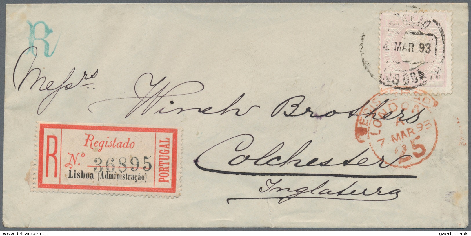 Portugal: 1893. Registered Envelope Addressed To England Bearing Yvert 44b, 100r Violet Tied By Lisb - Autres & Non Classés