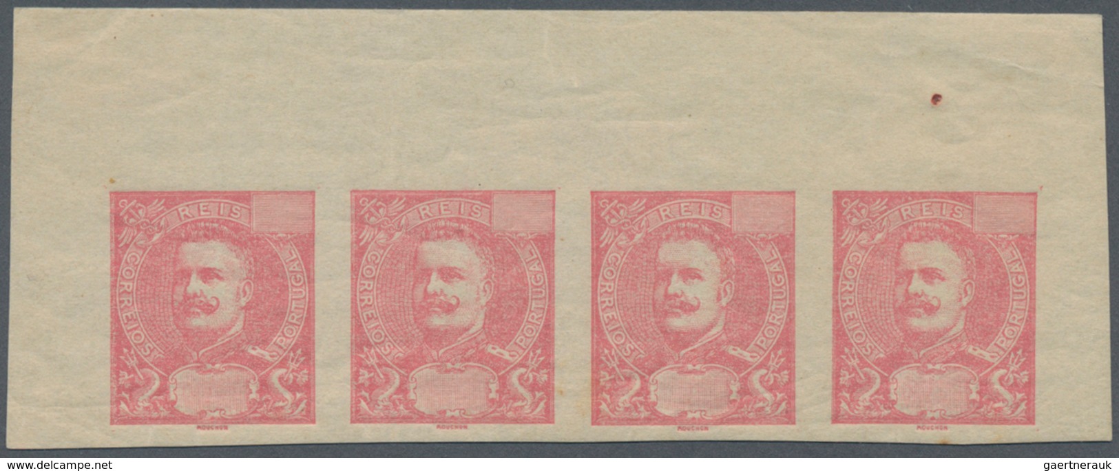Portugal: 1895. Proof Of The 25r Carmine In Top Marginal Strip Of Four With No Value In Tablet. Very - Autres & Non Classés