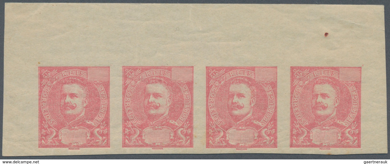 Portugal: 1895. Proof Of The 25r Carmine In Top Marginal Strip Of Four With No Value In Tablet. Very - Sonstige & Ohne Zuordnung