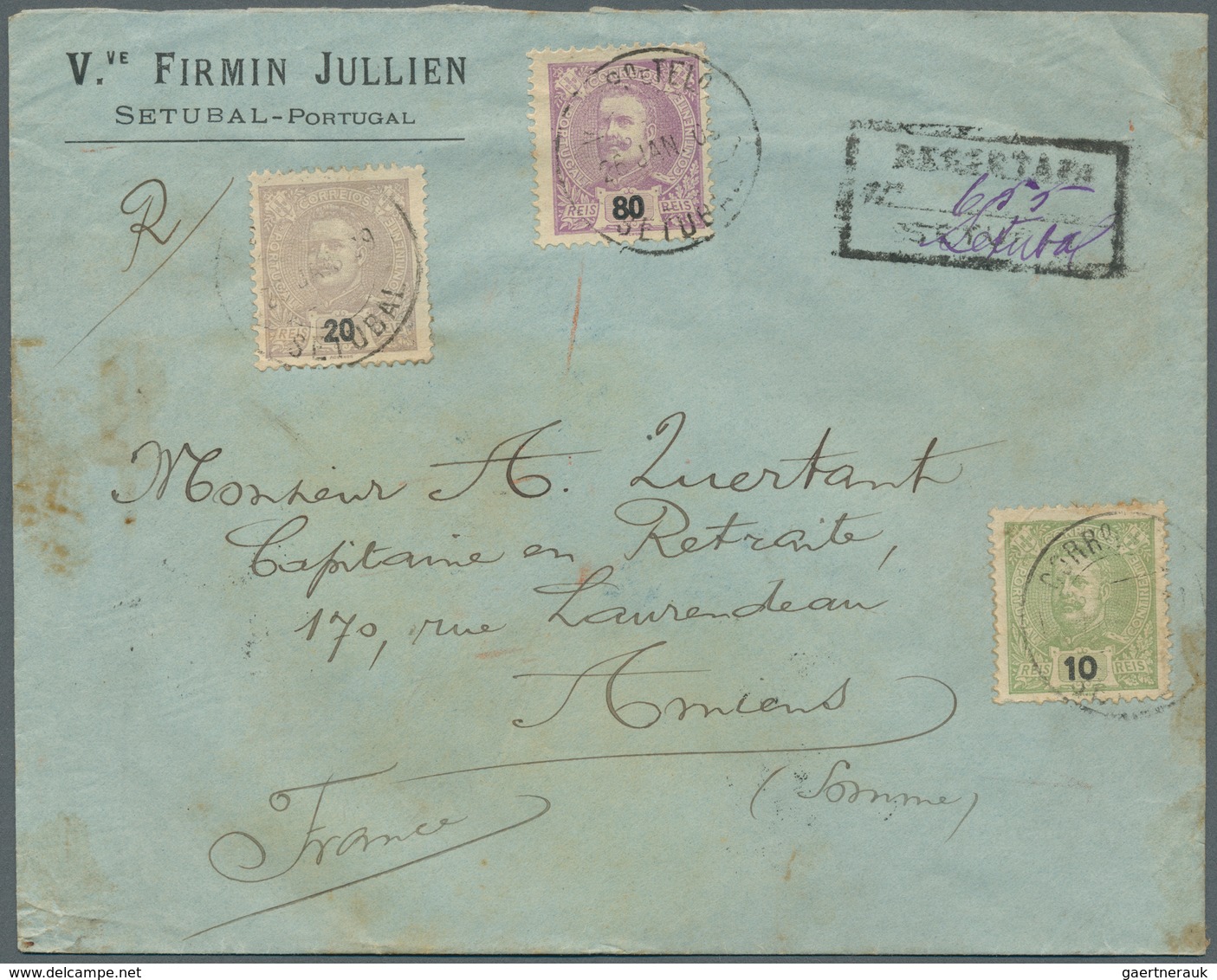 Portugal: 1909. Registered Envelope (stains) Addressed To France Bearing Yvert 126, 10r Yellow/green - Sonstige & Ohne Zuordnung