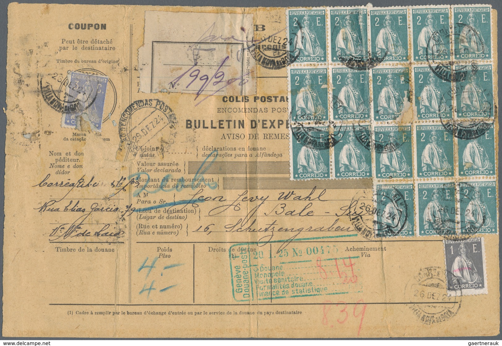 Portugal: 1924. Parcel Card With Mass Franking 18x 2e Ceres As Well As 1 E Ceres And 3c Ceres To Swi - Autres & Non Classés