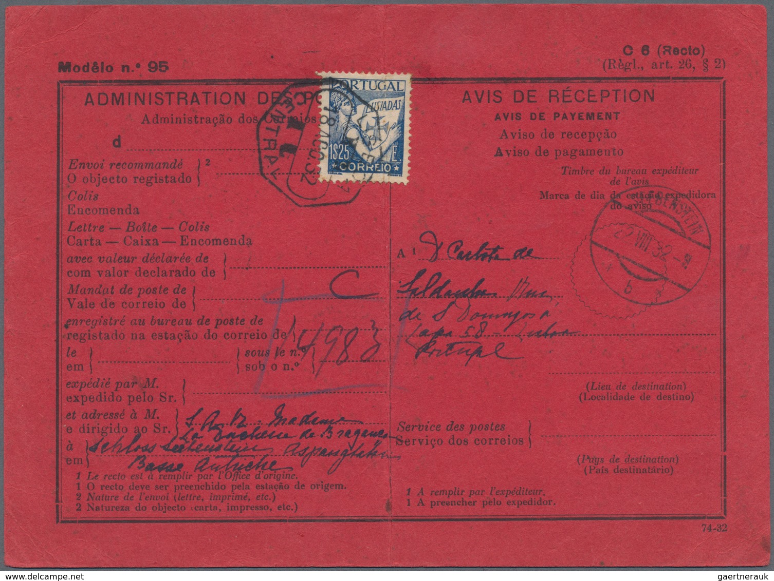 Portugal: 1932, Reply Coupon Form From "LISBON 18.8.32" To "The Duchesse De Braganza SEEBENSTEIN; AU - Autres & Non Classés