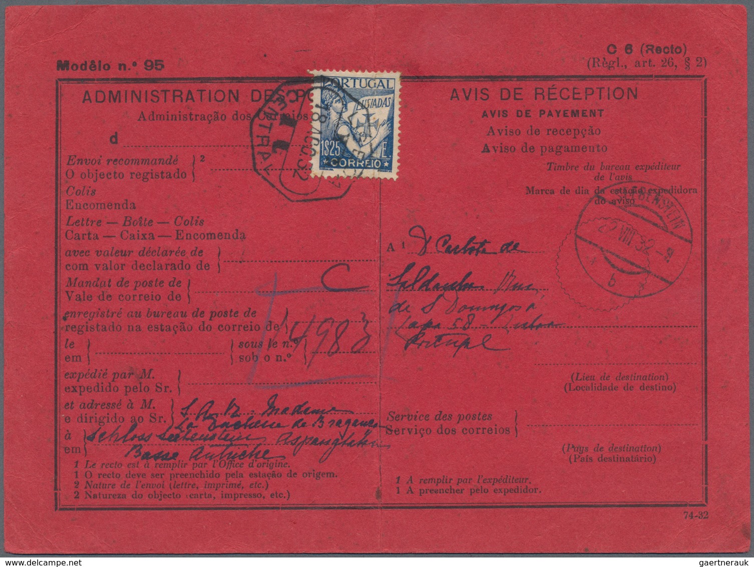 Portugal: 1932, Reply Coupon Form From "LISBON 18.8.32" To "The Duchesse De Braganza SEEBENSTEIN; AU - Sonstige & Ohne Zuordnung