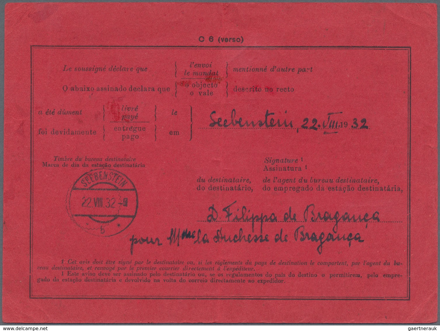 Portugal: 1932, Reply Coupon Form From "LISBON 18.8.32" To "The Duchesse De Braganza SEEBENSTEIN; AU - Autres & Non Classés