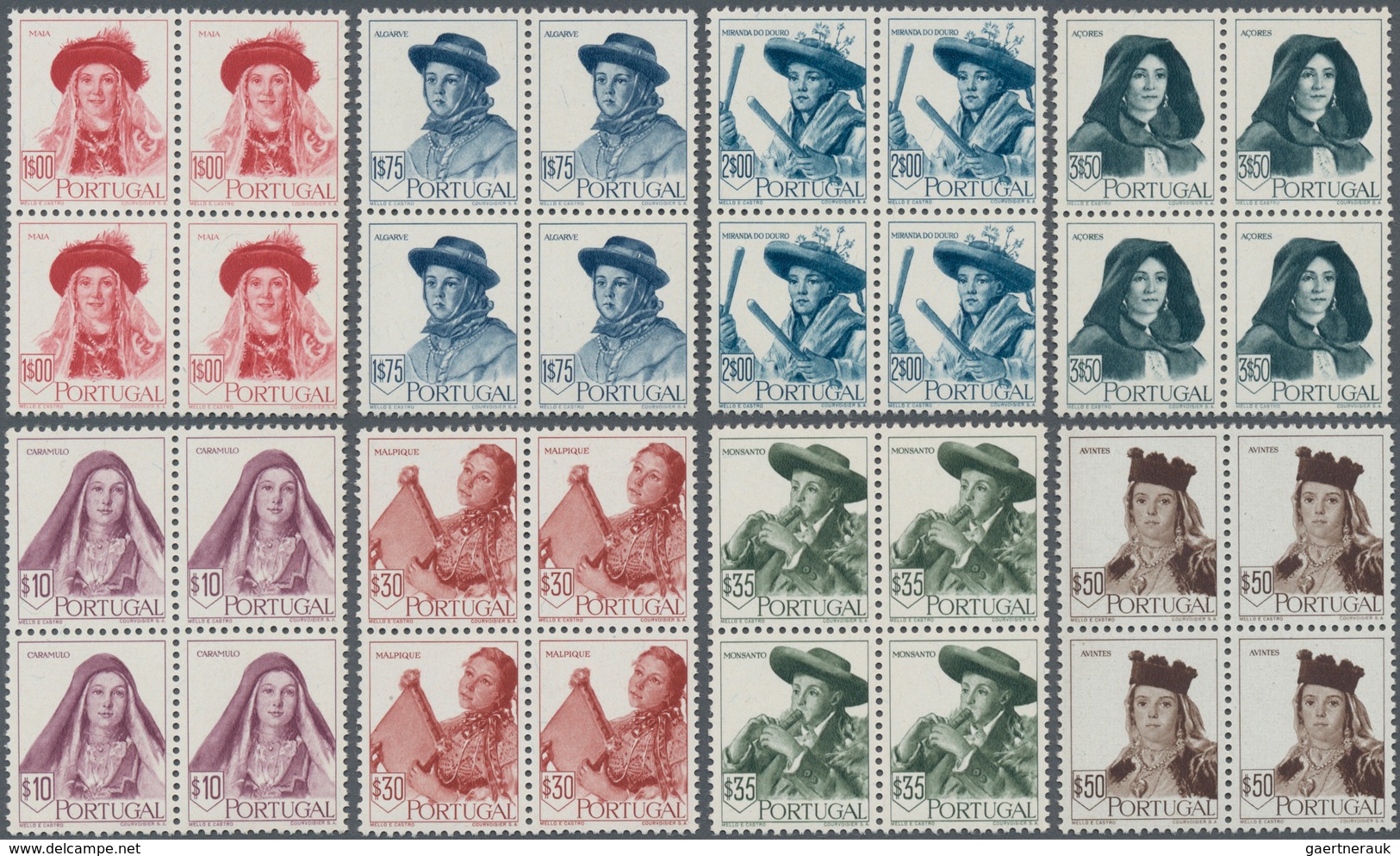 Portugal: 1947, Folk Costumes, 8 Values Complete In Blocks Of Four, MNH. (Afinsa 677/84 1.244,- €). - Autres & Non Classés