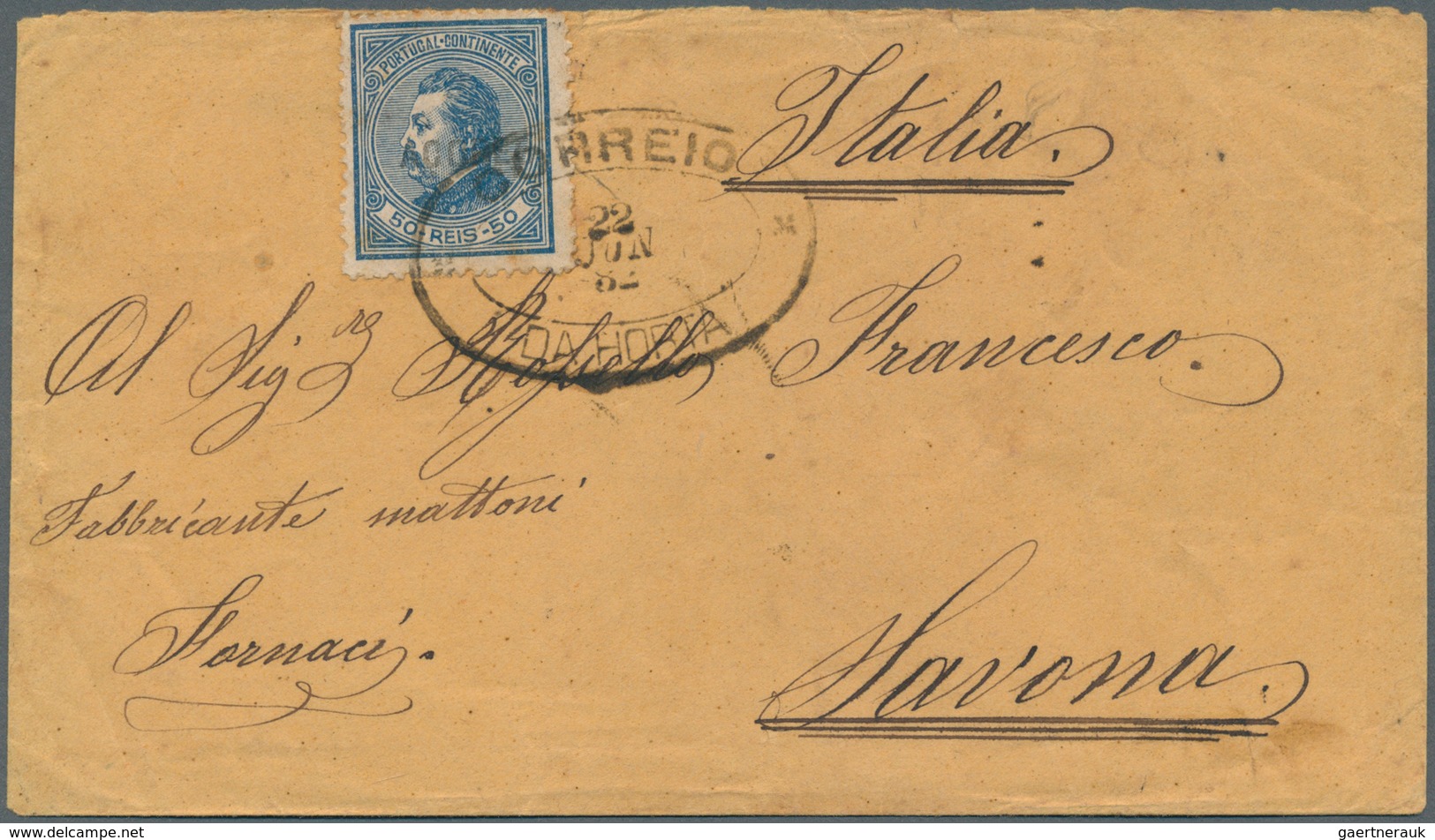 Portugal - Azoren: 1882. Envelope Addressed To Ltaly Bearing SG 62, 50r Blue Tied By Oval 'Da Horta' - Açores