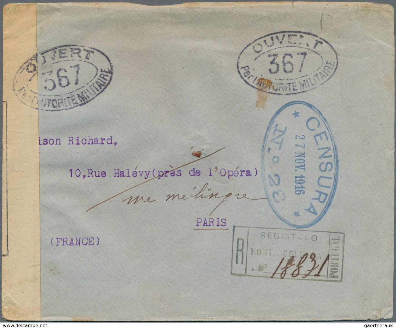 Portugal - Azoren: 1916, Stampless Registered Envelope Addressed To Paris Cancelled By Boxed 'Regist - Azores