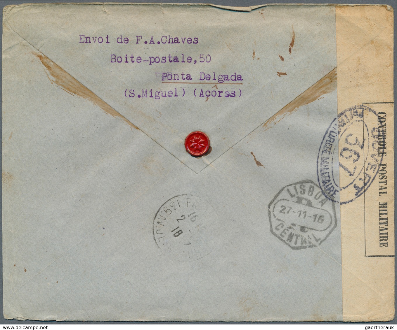 Portugal - Azoren: 1916, Stampless Registered Envelope Addressed To Paris Cancelled By Boxed 'Regist - Açores