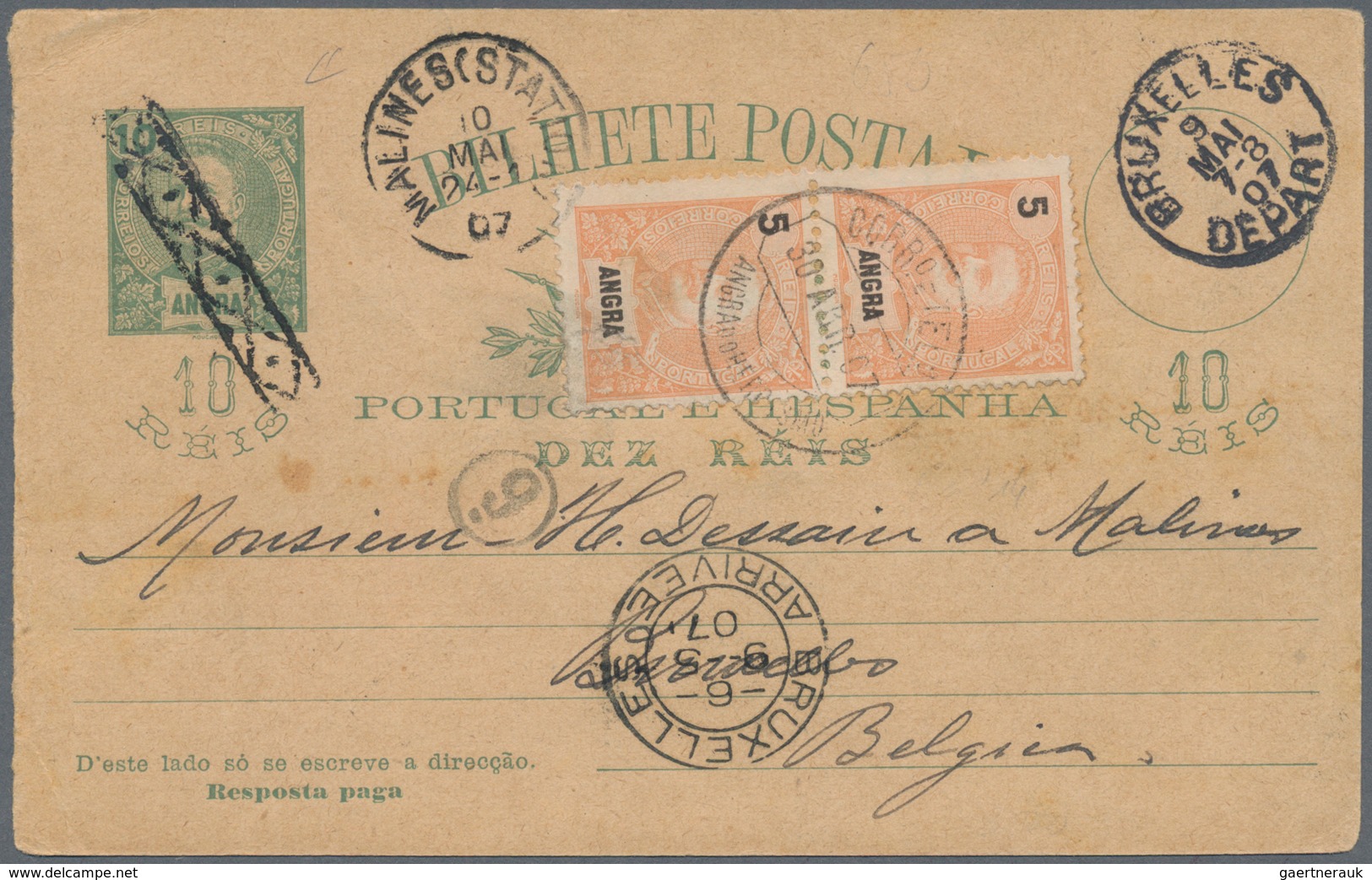 Portugal - Azoren - Angra: 1907, Stationery Card 10 R Uprated Pair 5 R Sent From "ANGRA 30 AUG 07" T - Angra