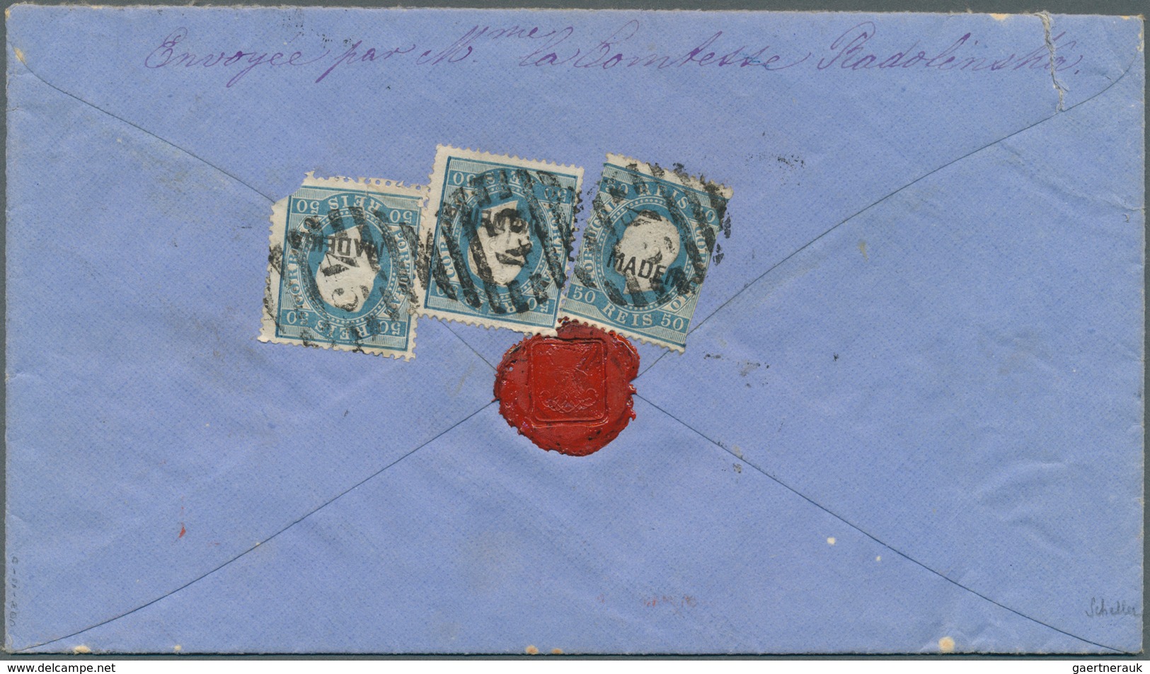 Portugal - Madeira: 1879 (25.12.), King Luis 50r. Blue Optd. MADEIRA Three Singles On Reverse Of Cov - Madeira