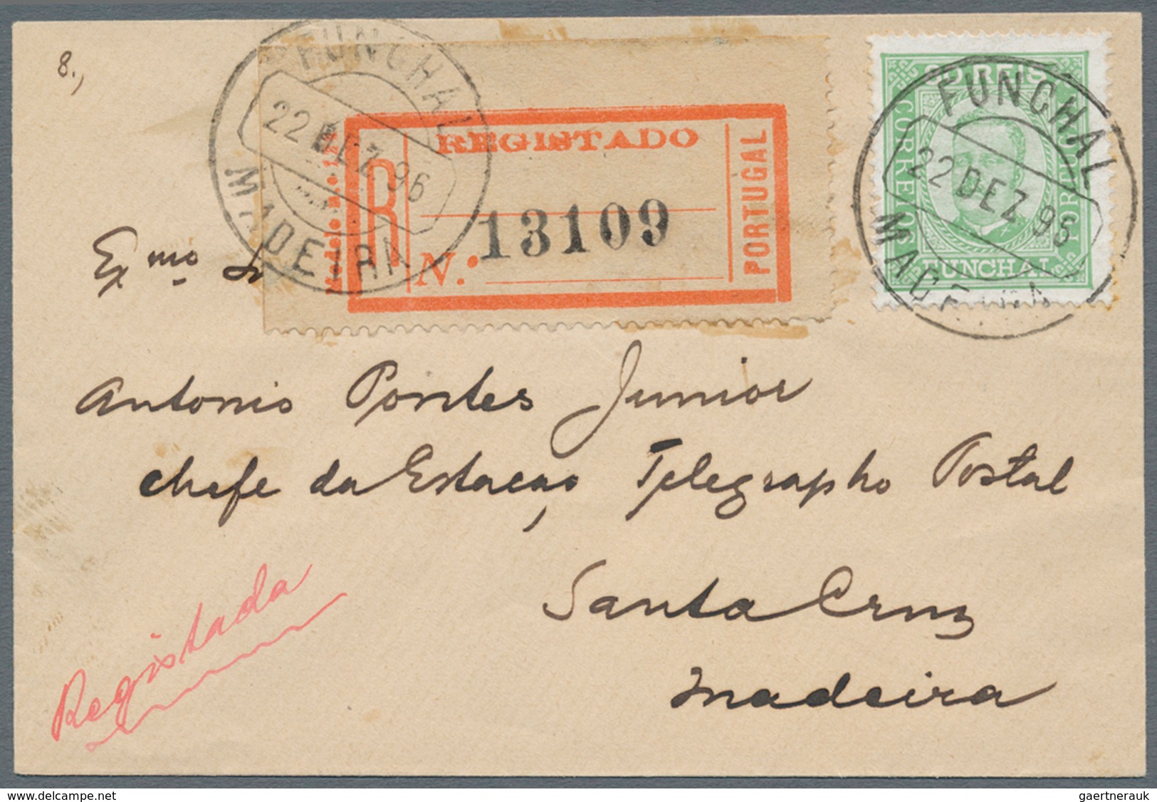 Portugal - Madeira - Funchal: 1892, 80 R. King Carlos I. Green Tied By Cds. "FUNCHAL MADEIRA 22.DEZ. - Funchal