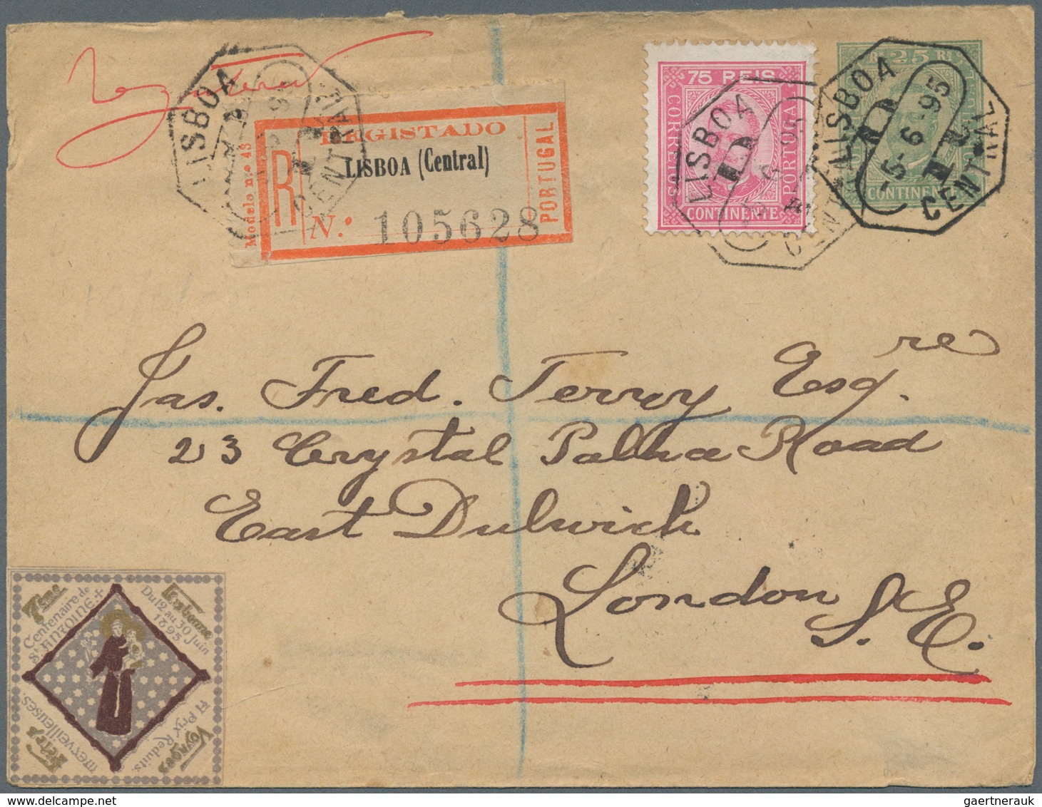 Portugal - Ganzsachen: 1895. Registered Postal Stationery Envelope 25r Green Upgraded With Yvert 72, - Ganzsachen