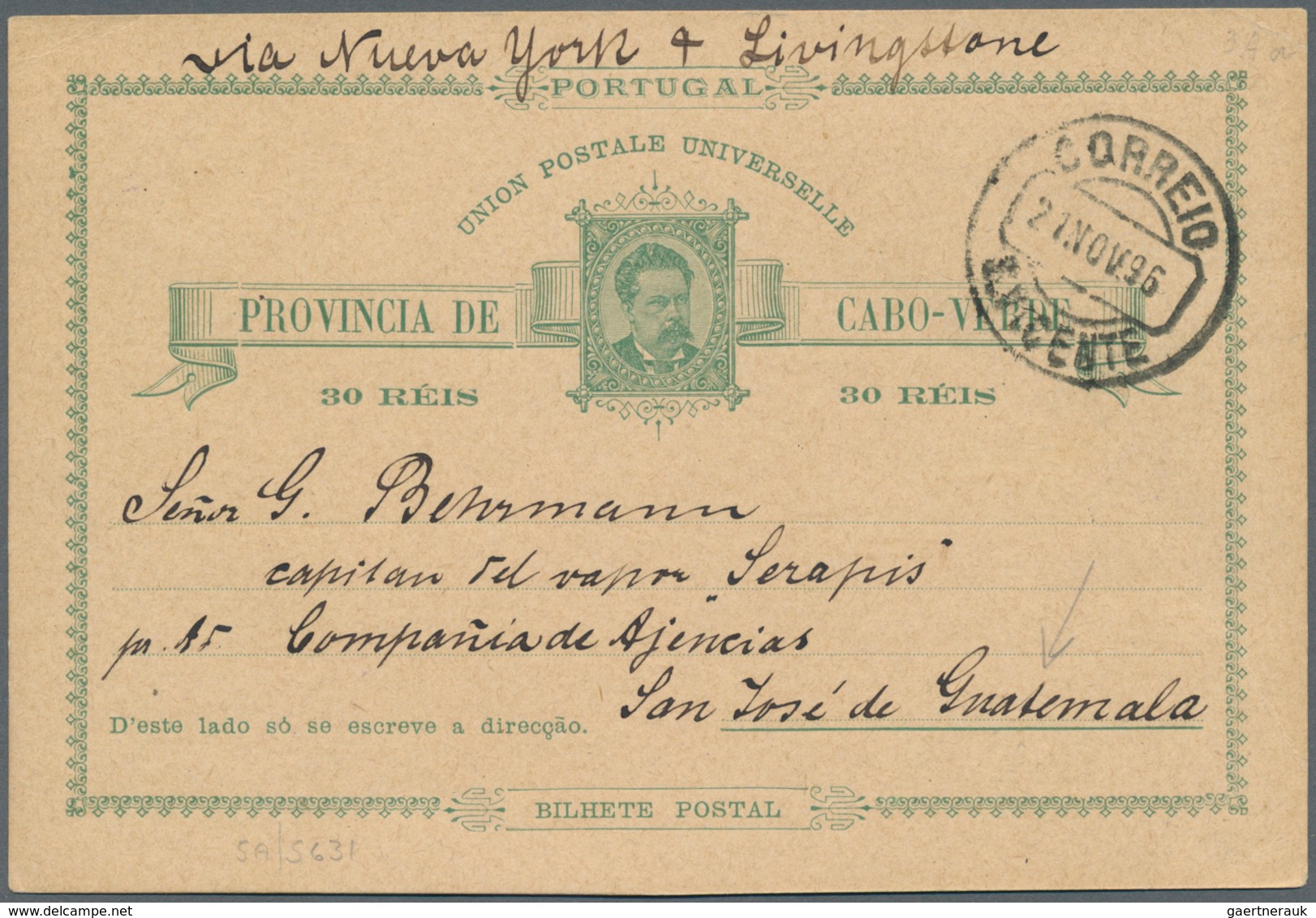 Portugal - Ganzsachen: 1896, Stationery Cabo Verde Card 30 R Green On Buff, Sent From "S.VICENTE 21 - Entiers Postaux