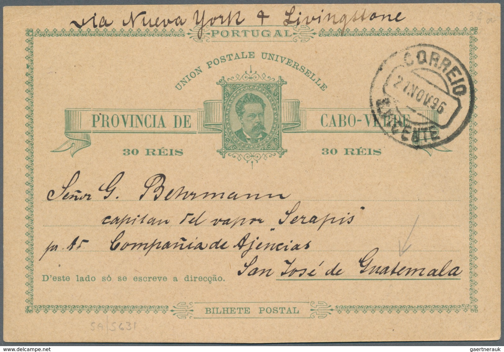 Portugal - Ganzsachen: 1896, Stationery Cabo Verde Card 30 R Green On Buff, Sent From "S.VICENTE 21 - Ganzsachen