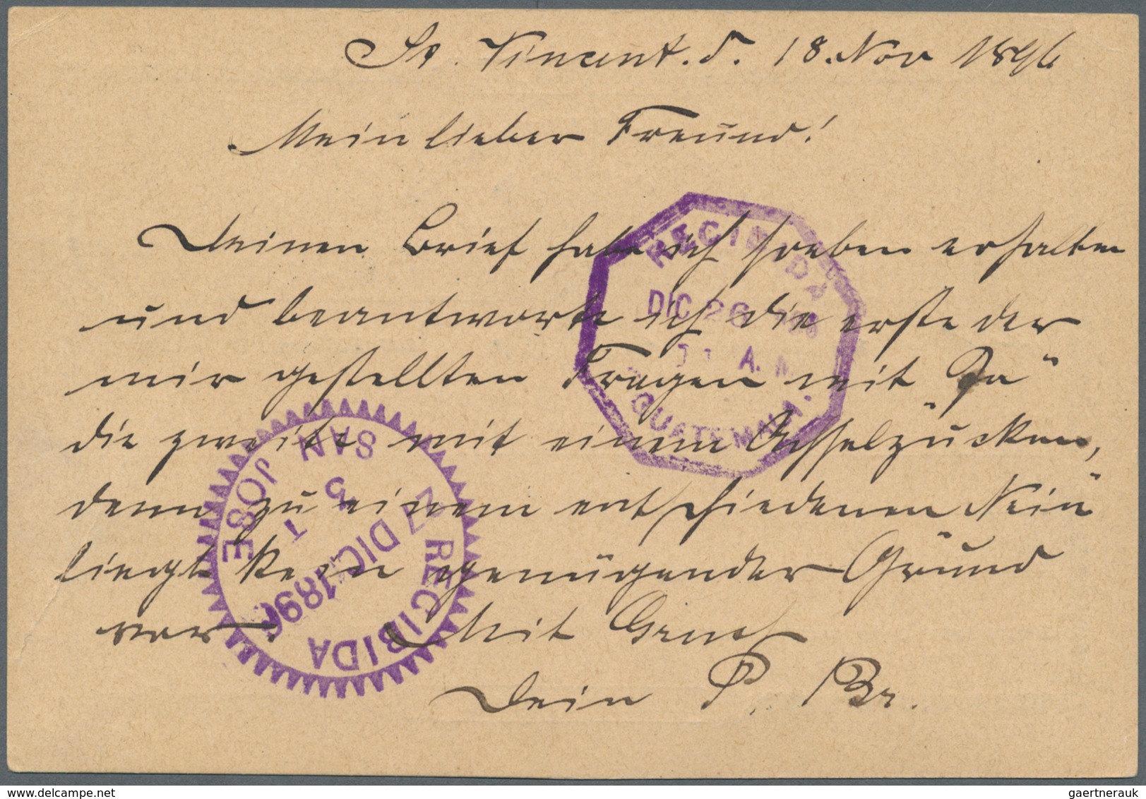 Portugal - Ganzsachen: 1896, Stationery Cabo Verde Card 30 R Green On Buff, Sent From "S.VICENTE 21 - Postal Stationery