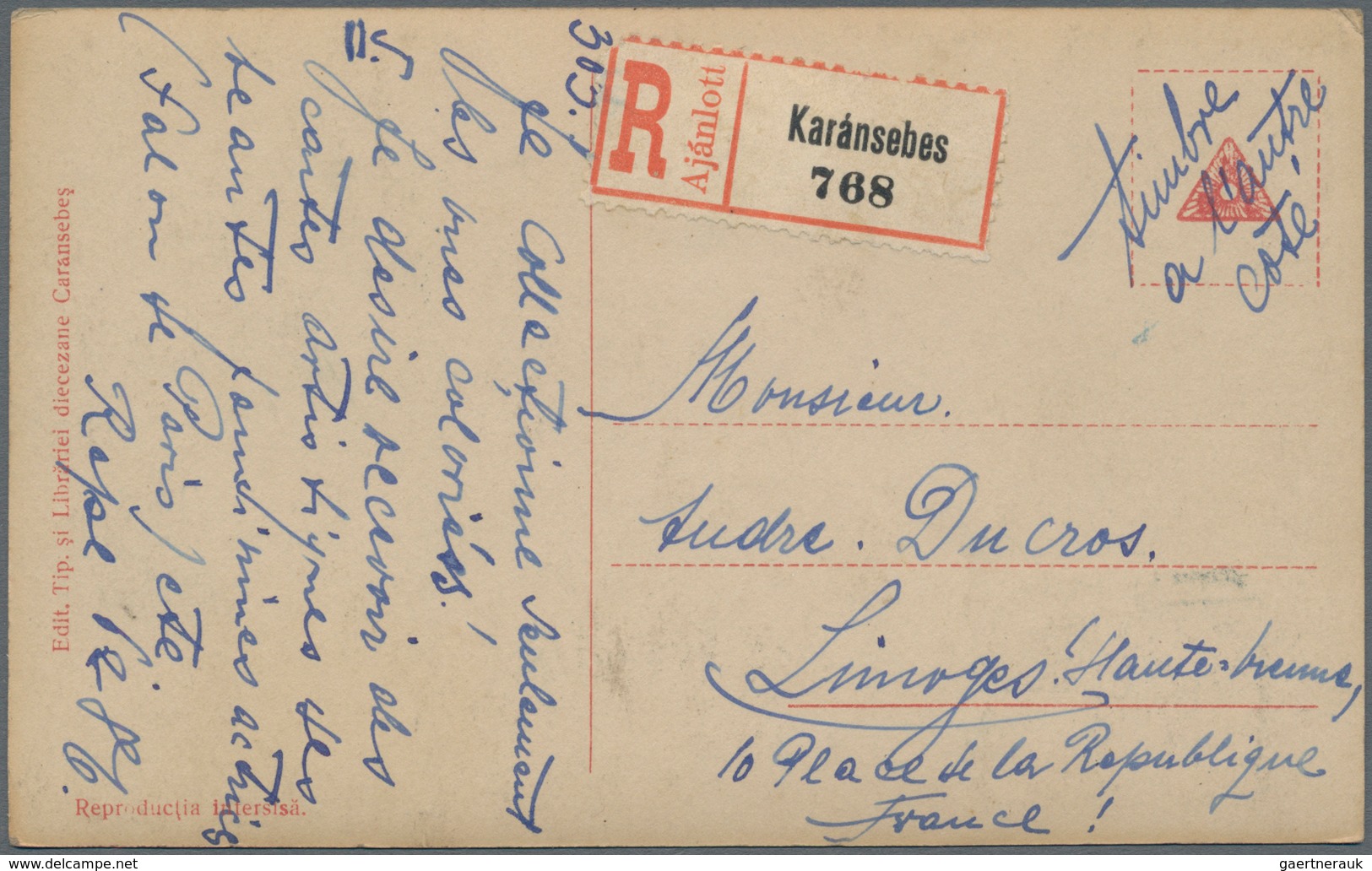 Rumänien: 1920 Picture Postcard Sent REGISTERED From Karánsebas To Limoges, France Franked On Pictur - Unused Stamps