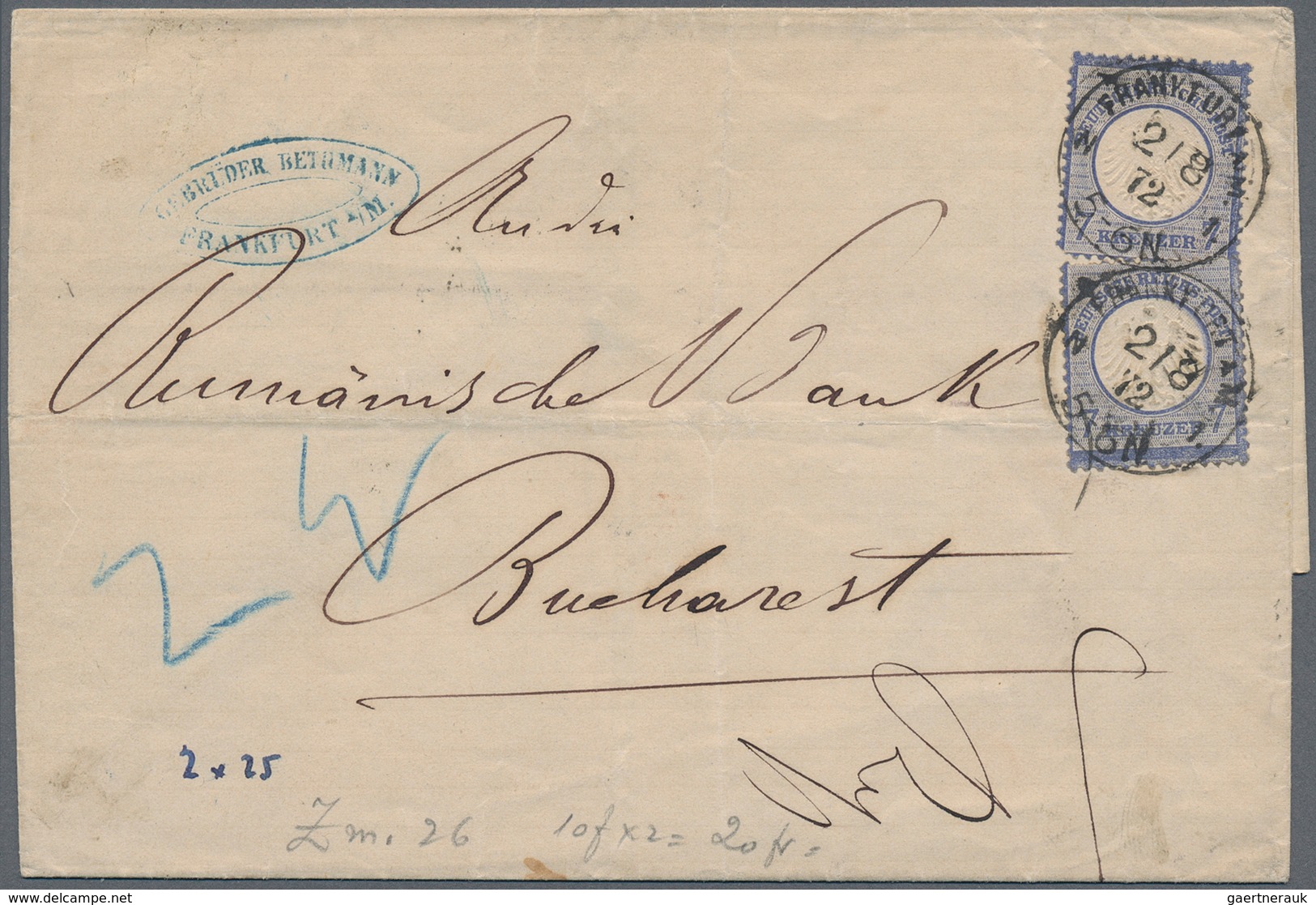 Rumänien - Besonderheiten: 1872, German Empire Incoming Mail: Small Shield 2x 7 Kr. Blue On Envelope - Autres & Non Classés