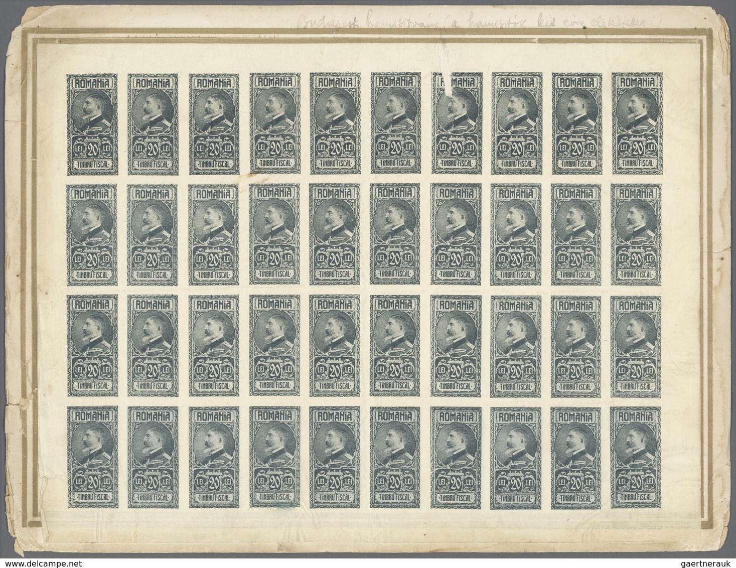 Rumänien - Besonderheiten: 1910 Ca., 20 Lei Blue-green "Charles I." Revenue Stamp, Contemporaneous F - Autres & Non Classés