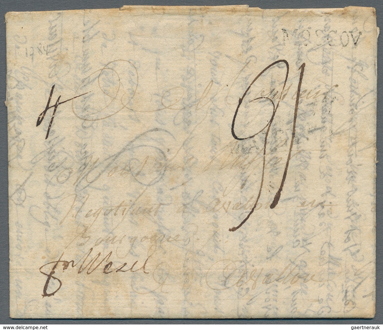 Russland - Vorphilatelie: 1784 Letter From Moscow With Black Single Line Cancel "MOSCOV" To Avallon - ...-1857 Prephilately