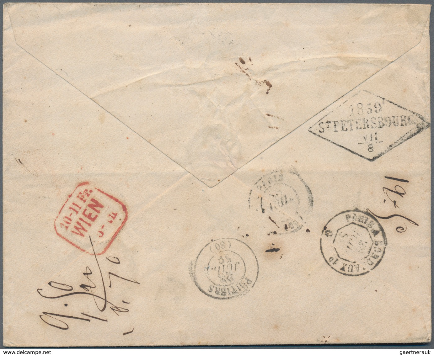 Russland: 1859. Stamp-less Envelope Addressed To France Written From 'St. Petersburg' Cancelled By F - Sonstige & Ohne Zuordnung