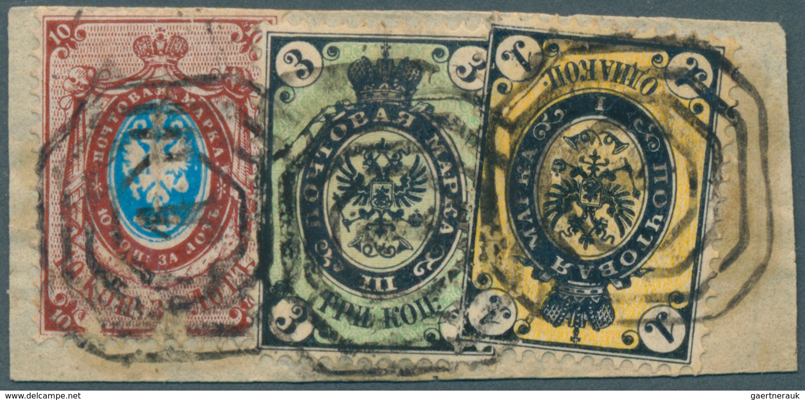 Russland: 1865, 1  Kop. Black Yellow, 3 Kop. Black Green And 10  Kop. Blue Brown (back Print Of 5 Ko - Other & Unclassified