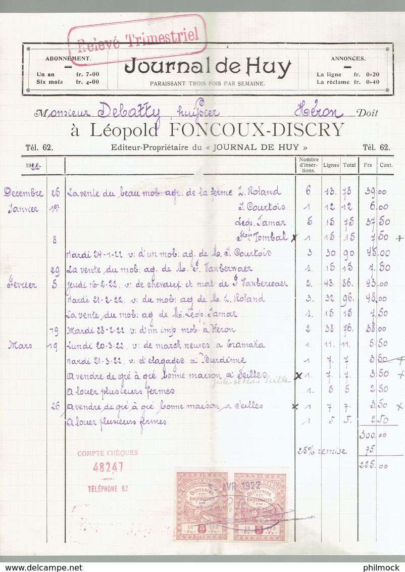 M.Facture Journal De Huy -  Le 3-Avr-1922 Sur 2 Timbres Quittances Vers Héron - 1900 – 1949