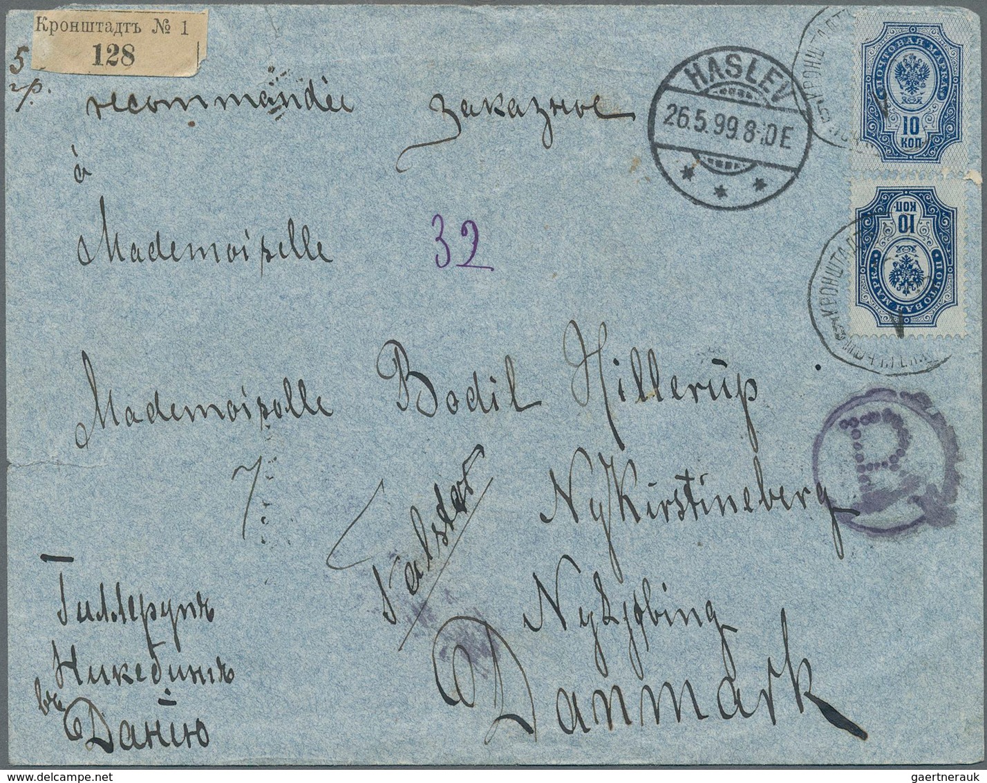 Russland: 1899 Registered Cover With White Registration Label From Kronstadt To Haslev Redirected To - Autres & Non Classés