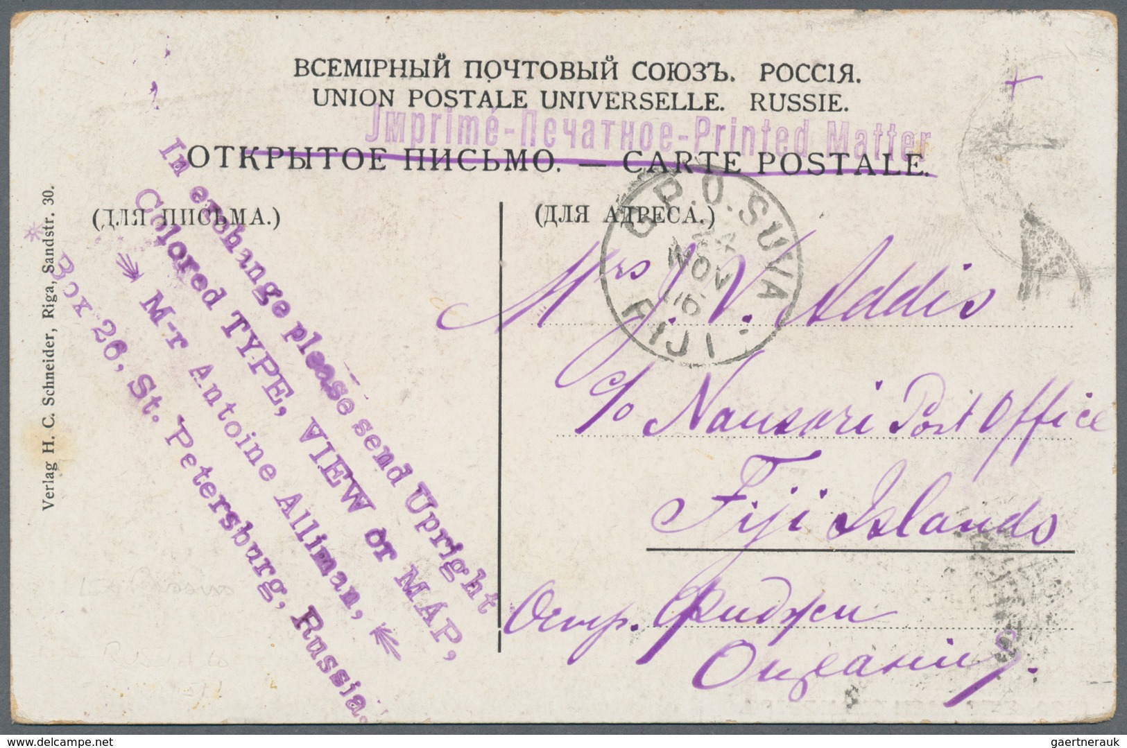 Russland: 1906 Postcard From Riga To The Fiji Islands With Arrival Stamp Suva, Rare Destination, Sig - Other & Unclassified