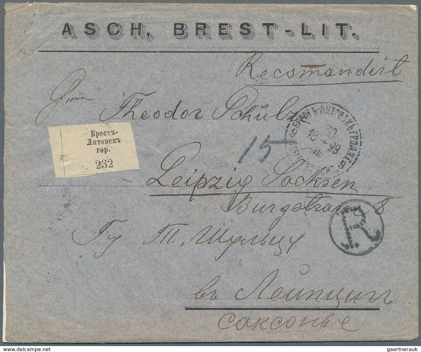 Russland: 1899 Registered Cover With White Registration Label From Brest-Litovsk (Belarus) To Leipzi - Other & Unclassified