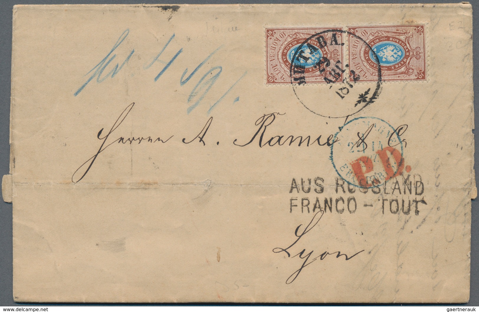 Russland: 1872. Folded Entire (toned) Addressed To France Bearing Russia Yvert 14, 10k Brown And Blu - Other & Unclassified