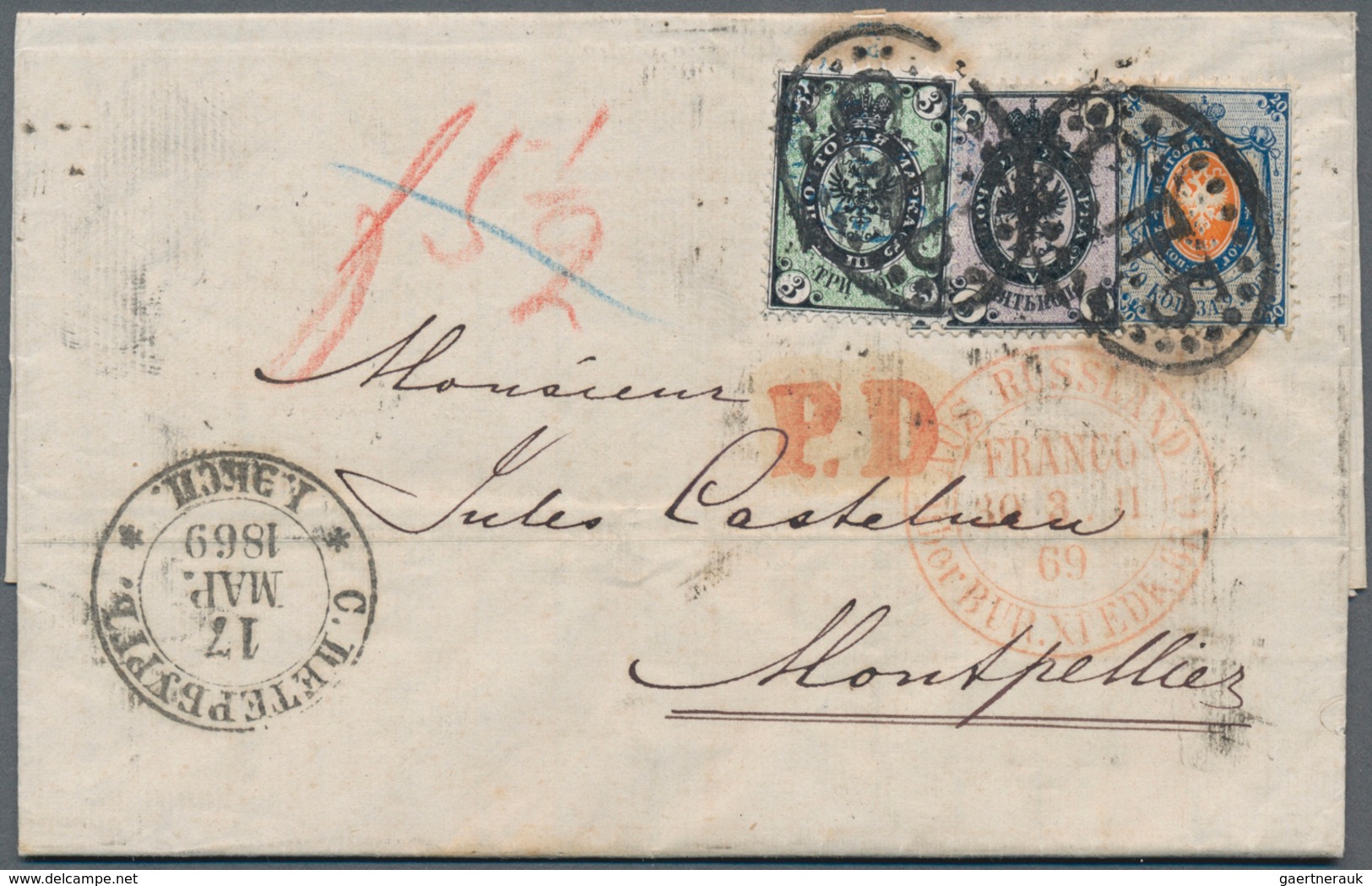 Russland: 1869. Envelope Addressed To France Bearing Yvert 19, 3k Black And Green, Yvert 20, 5k Blac - Other & Unclassified