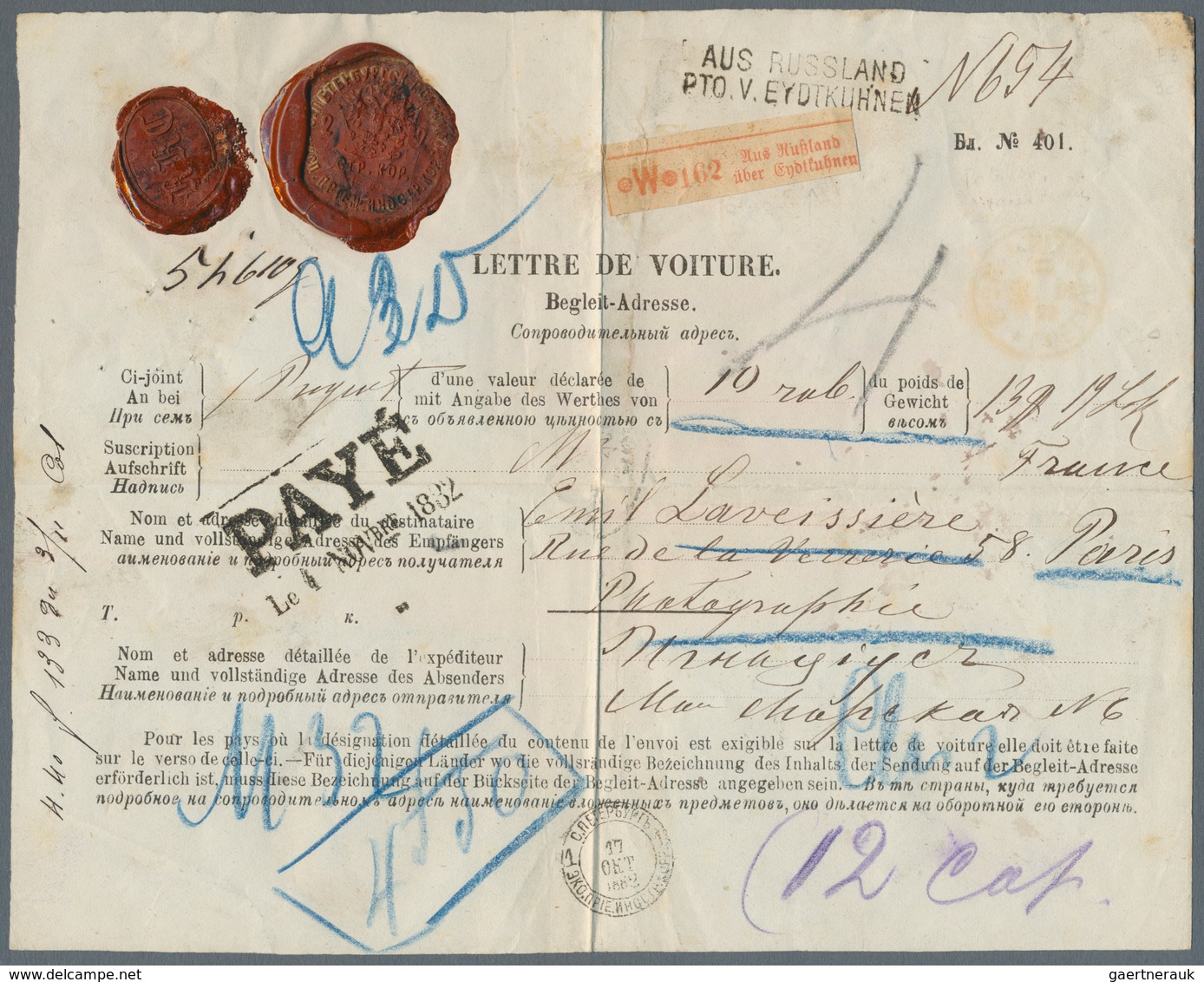 Russland: 1882. 'Lettre De Voiture' Document Addressed To Paris Written From St Petersburg With Disp - Other & Unclassified