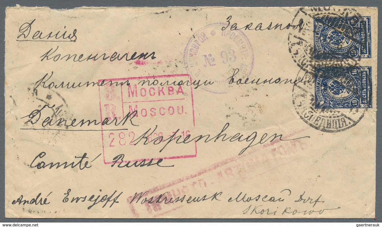 Russland: 1915/16 Two Censored Cover Sent From Moscow To Denmark By Registered Mail Received By Mach - Other & Unclassified