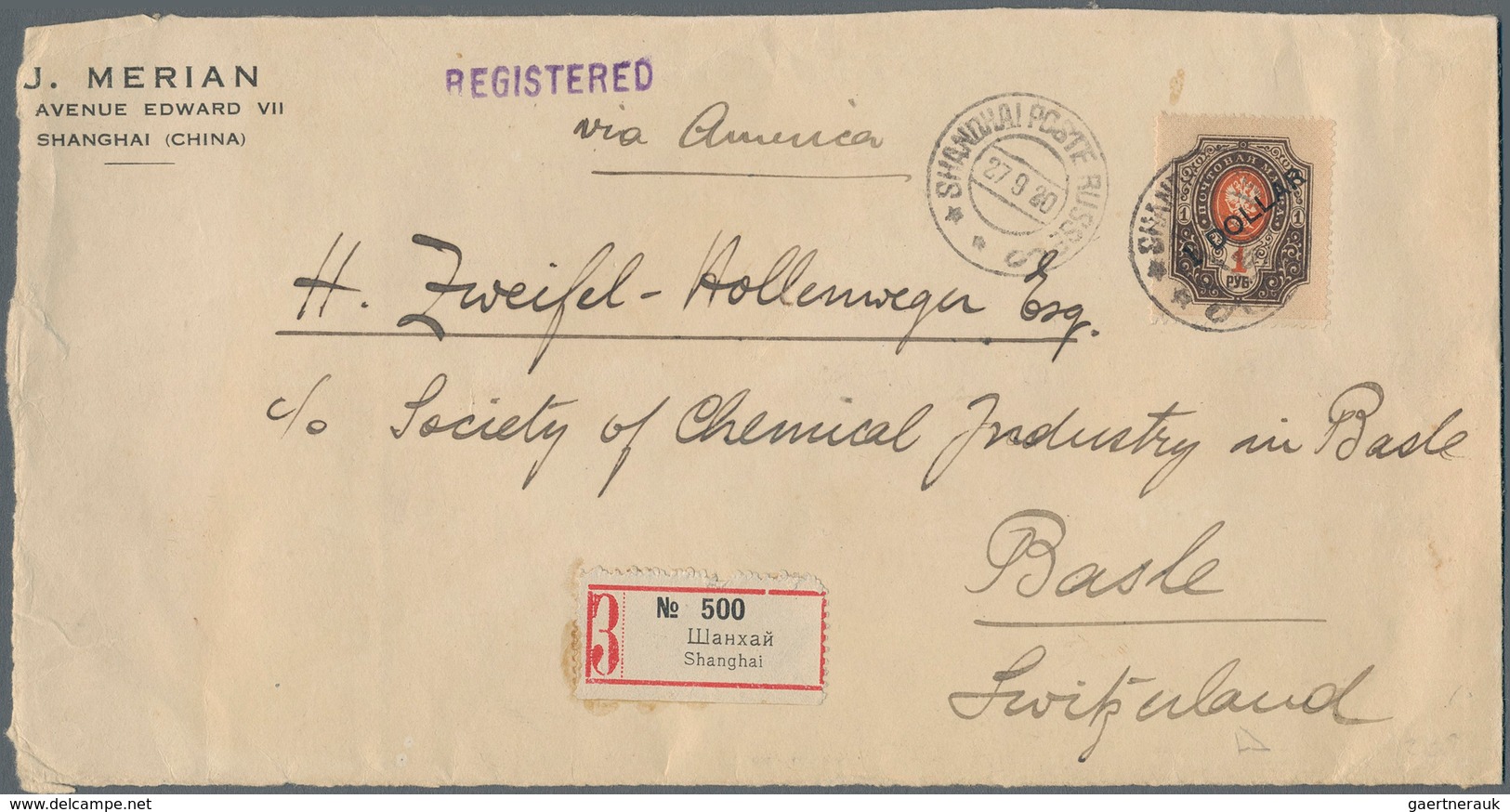 Russische Post In China: 1917, $1/1 R. Tied "SHANGHAI POSTE RUSSE 27 9 20" To Registered Front Cover - China